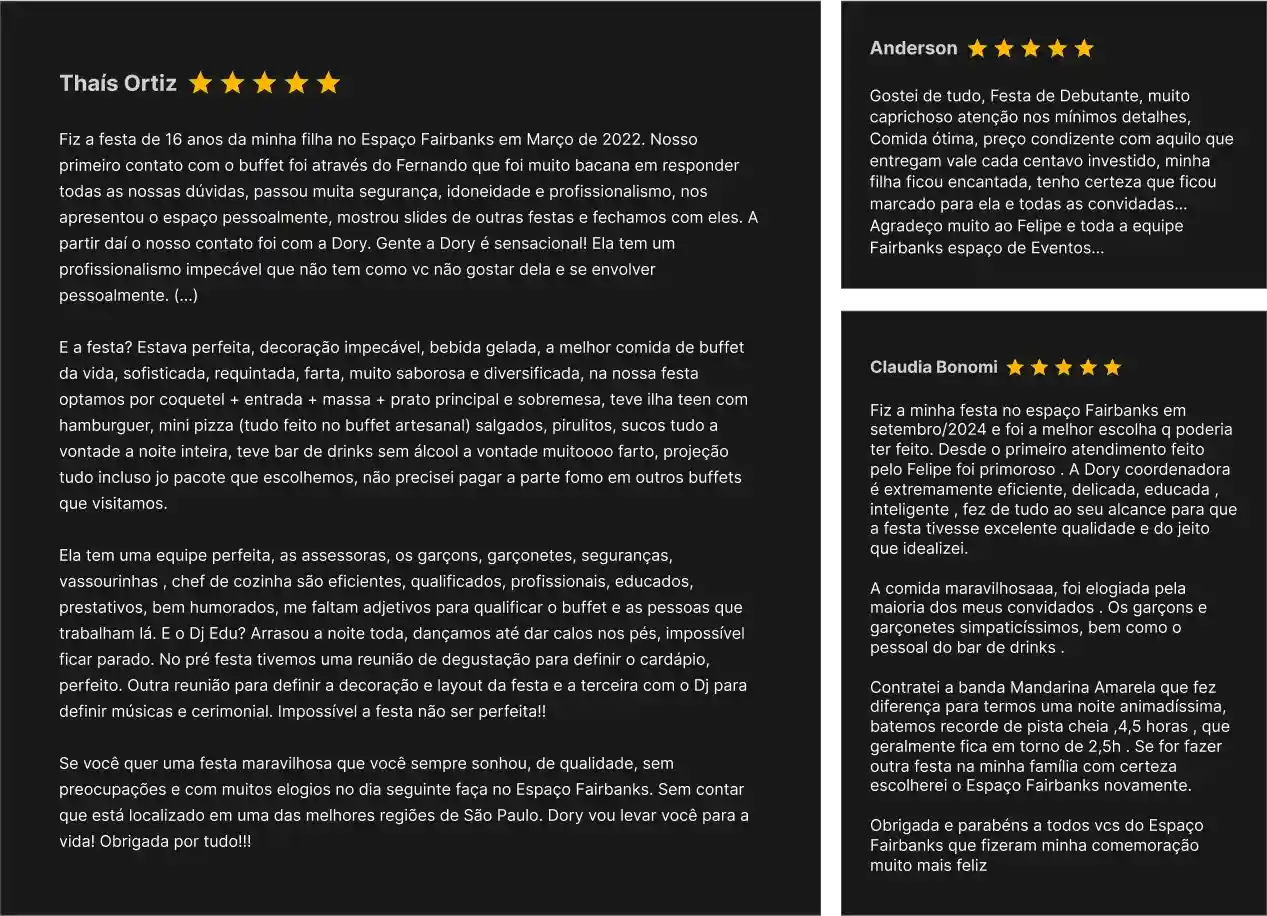 Depoimentos de festas de 15 anos no Espaço Fairbanks